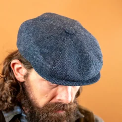Schiebermütze Herringbone Wool schmal Blue